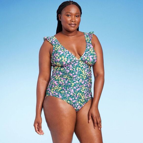 Women's Ruffle Shoulder Ruched Full Coverage One Piece Swimsuit - Kona Sol™ Mult - Picture 1 of 3